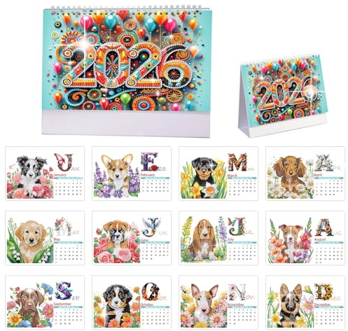 Lebartm 2026 DIY Diamond Art Desk Calendar Thick Paper Calendar Ornaments Diamond Art Painting Monthly Flip Tabletop Calendars Craft Supplies for Office Planning Home Decor-Dog