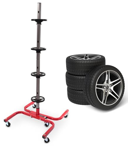 BITUXX Felgenbaum mit Rollen Stabiler Reifenständer für 4 Räder (bis 245mm) Autoreifen Aufbewahrung Reifenbaum Felgenständer aus Stahl, 150kg Belastung Rot