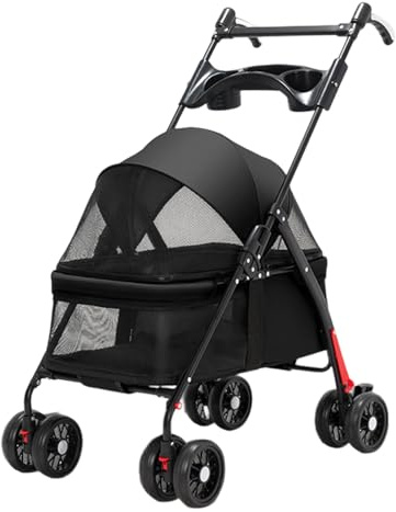 Pet Stroller for Miniature Dogs with Cup Holder, Lightweight Folding Travel Carriage Dog Stroller with Rotating Handle, 4 Wheels Pet Carrier Trolley on Wheels, for Cats and Dogs up to 38lbs