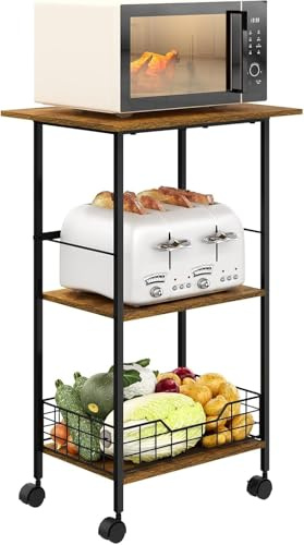 Microwave Stand with Storage, 3-Tier Rolling Kitchen Cart Table with Wire Basket, Wood and Metal Utility Cart on Wheels, Small Coffee Bar Station Cart As Kitchen Island, Microwave Shelf Organizer