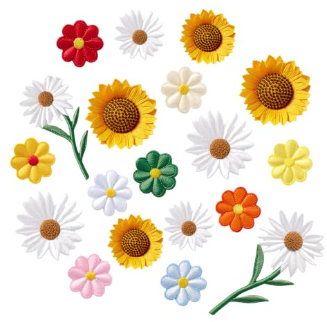 SHENLIU 19 stycken stryklappar blommor, broderade lappar för att stryka på tusenskönor, lappar, solrosor, strykbilder för textilier för hatt, jeans, kläder, ryggsäckar, gör-det-själv-tillbehör
