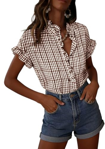 Checked Shirts Womens Gingham Check Short Sleeve Blouses Button Down Shirt Ruffle Trim Stand Collar Blouse Casual Loose Fit Summer Top for Ladies Daily Wear S-XXL
