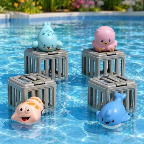 Underwater Diving Toys, Seek and Splash Pool Game Kids Pool Diving Toys with Storage Fish Box, Colorful Animal Pool Sinkies Swimming Training Game for Boys and Girls 4Pcs