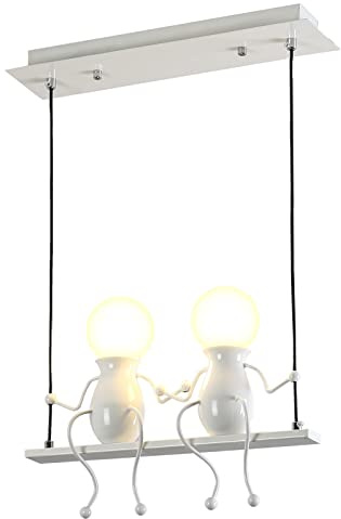 YOXANG Creativo LED Iluminación colgante Moderno Doble Gente pequeña Luces colgantes Ajustable Lámparas de araña Comedor Hierro Dibujos animados Muñeco Luces de techo 2×E27 Pintura para hornear Blanco