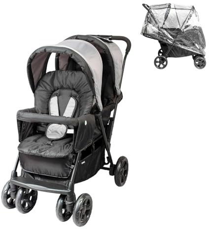 Bambisol Poussette Double | Toute Equipée, Habillage Pluie Inclus, Pliage Facile | Gris Noir