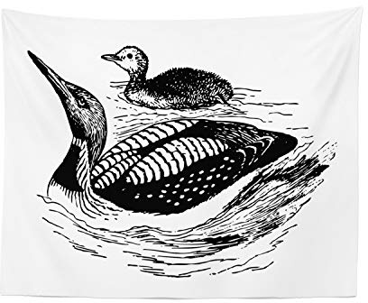 Ambesonne Loon Tapestry, Pencil Sketch Illustration of Mother and Silhouettes Swimming in Pond, Fabric Wall Hanging Decor for Bedroom Living Room Dorm, 28 X 23, Charcoal Grey White