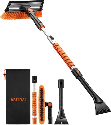 AstroAI 47.2 Ice Scrapers for Car Windshield, 3 in 1 Sturdy Snow Brush with Squeegee, 10 Adjustable Length Settings, Extendable Aluminum Handle, 180° Pivoting Snow Scraper for Car, Truck, SUV(Orange)