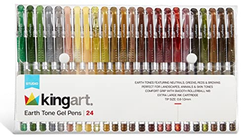 KINGART Soft Grip Earth Tone Gel Pens, XL 2.5mm Ink Cartridge, Set of 24 Unique Colors