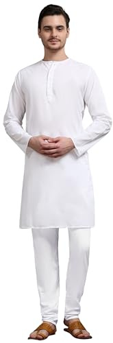 SKAVIJ Herren Baumwolle Kurta Pyjama indisches Casual Outfits (Weiß, Groß)