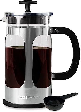 Farberware French Press Coffee Maker, Tea & Espresso Maker, Stainless Steel Cold Brew Press, Heat-Resistant Borosilicate Glass, BPA-Free, Measuring Spoon Included, 8 Cup Capacity (Stainless)