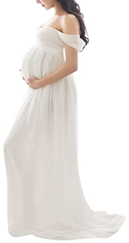 Tomwell Abito Fotografico Premaman Maxi Vestito Fotografico Eleganti Fuori Spalla Chiffon Gravidanti Abbigliamento Maternity Dress Gonna di Lunghezza del Pavimento A Bianco L