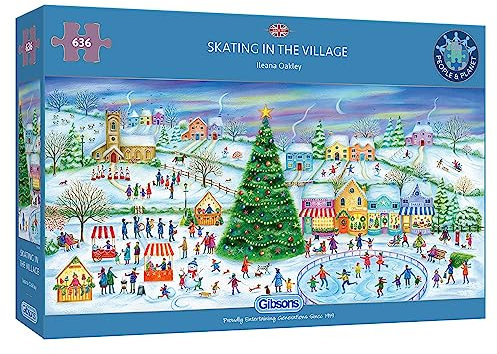 Skating in the Village | 636 Piece Jigsaw Puzzle | Panoramic Christmas Puzzle | Sustainable Jigsaw Puzzle for Adults | Premium 100% Recycled Board | Great Gift for Adults | Gibsons Games