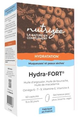 NUTRIGÉE – HYDRA FORT - Hydratation Peau & Muqueuses - Sécheresse Vaginale, Oculaire & Peau Déshydratée – Concentration Oméga 7-60 Capsules – 30 jours