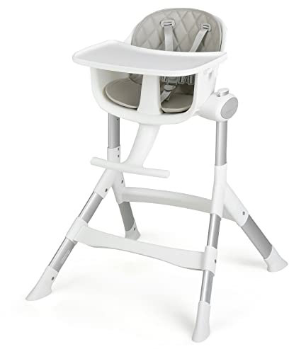 GOPLUS Trona para bebé, trona ajustable con 5 alturas, silla de alimentación con marco de metal resistente, reposapiés, cinturón de seguridad de 5 puntos, bandeja extraíble para niños pequeños (gris)