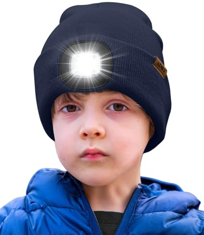 ATNKE Barn LED-upplyst mössa med ljus, uppladdningsbar USB 4 LED-löparmössa extremt ljus lampa vinter varm stickad mössa fantastiska presenter för pojkar och flickor, Ljus marinblå, One size