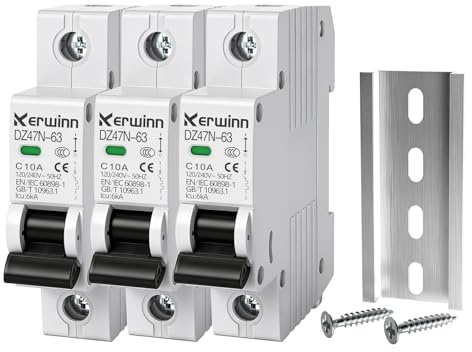 KERWINN 3PCS Miniature Circuit Breaker 1 Pole 10A (MCB),120V/240V 50/60Hz AC DIN Rail Mount Breaker, Compatible with Grid-Tied Solar Systems, RV & Home Circuits (10A)