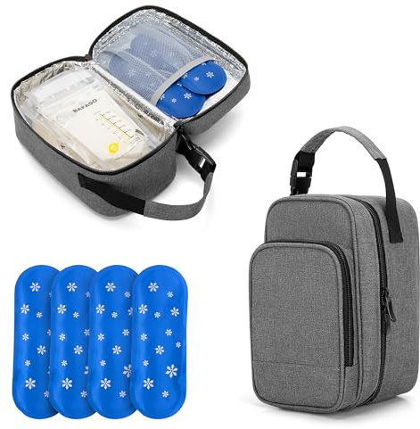 BAFASO Kühltasche für Muttermilch, Isoliert Muttertasche mit 4 Kühlakkus, Brustmilch Aufbewahrung Tasche mit Kühlelement, Reisetasche für Muttermilchbeutel, Grau