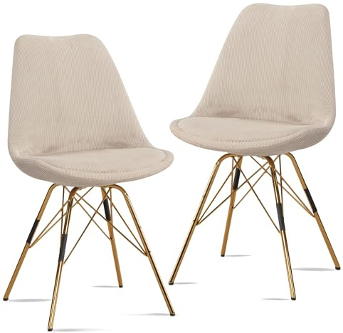 FineBuy Esszimmerstuhl 2er Set Cara-Stoff Küchenstuhl mit goldenen Beinen, Cord-Schalenstuhl Skandinavisches Design, Polsterstuhl mit Stoffbezug, Stuhl Gepolstert Beige