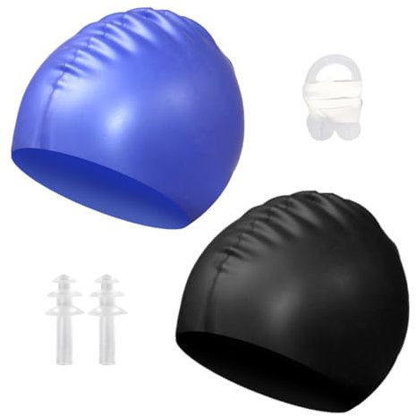 2 Silikon-Badekappen, 1 Satz Nasenclip-Ohrstöpsel, Herren-Badekappen, Damen-Badekappen, wasserdichte Badekappen, Schwimmausrüstungszubehör