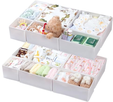 ORLISA Organizador Cajón 14 piezas - Compatible con Cajonera Malm, Cajas de Almacenamiento Plegables de Tela, Separadores para Prenda, Ropa Interior, Calcetines y Bebé - Blanco