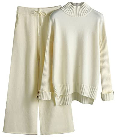 bgyujn Set da donna in maglia invernale, con colletto alto, pantaloni lunghi, in due pezzi, da donna, Nicki, per la casa, per il tempo libero, per l'inverno, caldo, a maniche lunghe, beige., Taglia