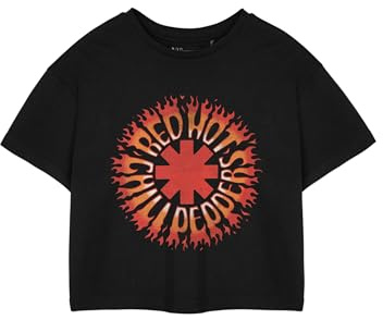 Red Hot Chili Peppers Flame Black Cropped Graphic Tee for Women | Short Sleeve T-Shirt | Rock Band Flame Logo Apparel Gift Idea | Alternative Music Merchandise for Women