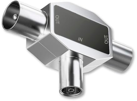 TECHZOCO Distribuidor de TV, Distribuidor de antena, divisor TV, Adaptador antena en T, Divisor Coaxial en T, Adaptador doble coaxial, 5-1000 MHz, DVB-T2, Metálico, 2 salidas Macho a 1 Entrada Hembra