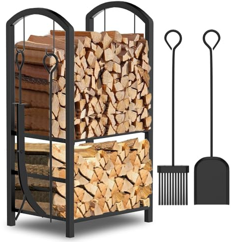 Eldzenith Kaminholzregal Innen mit 4 Kaminbesteck 75x40x38cm Metall Brennholzregal Kaminholzständer Doppelschicht Feuerholzregal für Kamin kaminholz aufbewahrung für Innen und Ausse, Schwarz