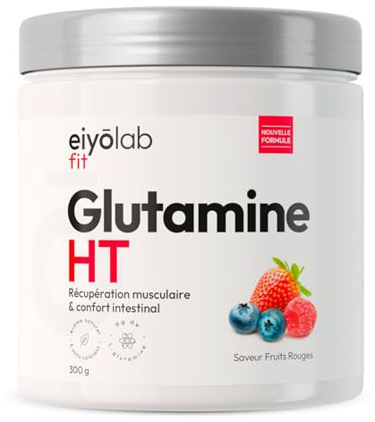 Glutamine HT | Poudre 100% Pure de L-Glutamine | 300 g | Récupération Musculaire et Santé Intestinale | 30 Portions de 10g | Acide Aminé Vegan et Sans Excipients | Goût Fruits Rouges | Eiyolab