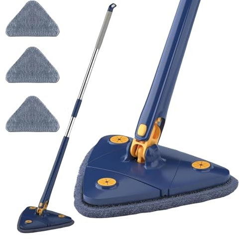 Trapeador triangular giratorio de 360 grados, ajustable, uso en seco y húmedo con mango largo extensible, trapeador de limpieza triangular para pared, techo, suelo