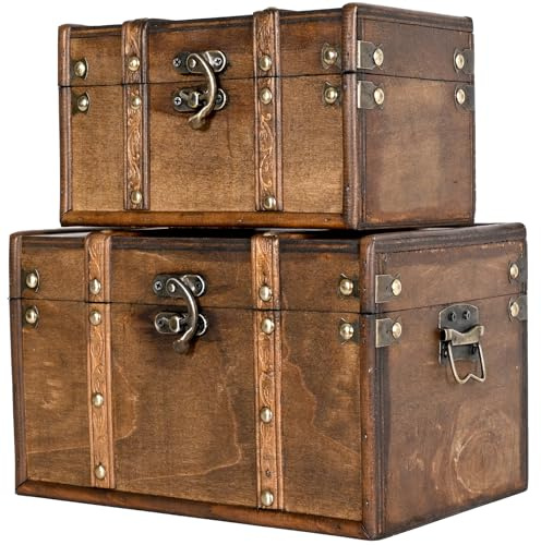 DECOR4SEASON Vintage Wooden Storage Trunk Set of 2 with Antique Finish, Decorative Wooden Boxes with Metal Embellishments, Nesting Treasure Chest for Home Décor, Jewelry, Keepsakes, Gifts, Brown