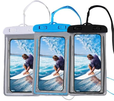 GXGM 3 Pezzi Custodia Impermeabile Smartphone,Accessori Mare, Cordino Staccabile e Regolabile,Borsa Impermeabile per iPhone 16 15 14 13 12 11, Serie Samsung e Huawei, Fino a 7”(Bianco+Nero+Blu)
