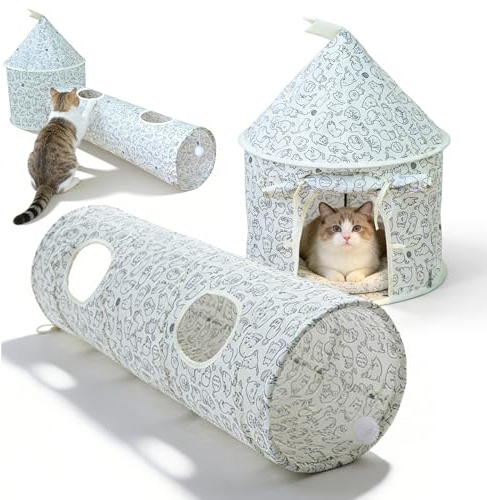 Tunnel pour Chat 3 en 1, Tunnel Pliable pour Chat avec Tente de Jeu et Balle Suspendue, Jeu Tunelle pour Chat Interactif, Cat Toy Tunnel Pliable pour Chat Chiots et Petits Animaux Interieur Exterieur