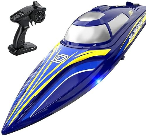 DEERC Bateau Télécommandé Rapide pour Enfants et Adultes, Vitesse supérieure à 20+ mph, avec 2 Batteries de 1200 mAh, Bateau étanche Auto-redressable pour Lacs et piscines.