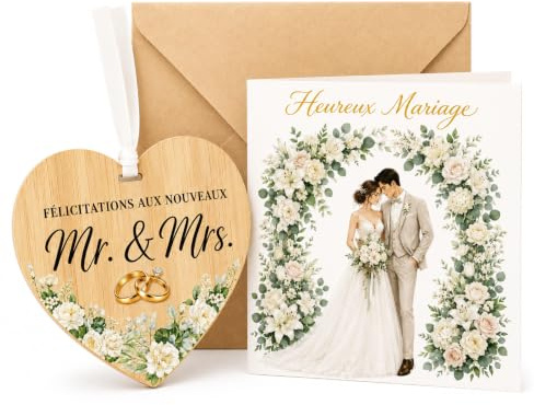 carte mariage félicitation, Cadeau de Mariage Chic avec Enveloppe et Ruban | Set Cadeau Avec Coeur En Bois À Suspendre Et Enveloppe Kraft, carte félicitations mariage, élégante Carte Mariage Originale