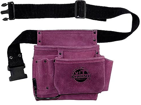 Graintex 5 Pocket Suede Leather Tool Belt/Bag | Purple | Multipurpose Leather Tool Belt for Women and Men | Construction, Electrician, Handymen, Carpenter, Gardening Pouch and DIY Projects