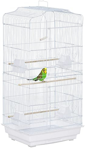 PawHut Jaula para Pájaros, Jaula de Metal para Pájaros con Puertas, 4 Comederos, 3 Perchas, Columpio, Bandeja Extraíble y Asa de Transporte, para Loro, Canario, Periquito, 46,5x35,5x92 cm, Blanco