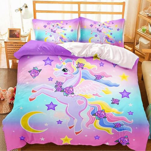 AOXHFNVJuego de Ropa de Cama de Unicornio para niña, Color Rosa, 135 x 200 cm, diseño de Unicornio, Estrella y Luna, Funda nórdica para niños, niños y niñas (Rosa, 200 x 200 cm)