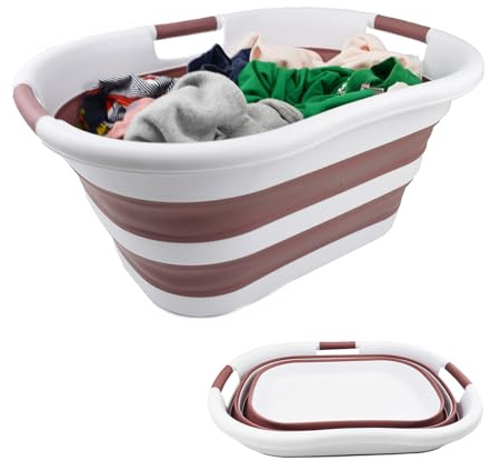 SAMMART 40L (10.5 gallon) Collapsible Plastic Laundry Basket - Foldable Pop Up Storage Container/Organizer - Portable Washing Tub - Space Saving Hamper/Basket (1, White/Dusky Pink)