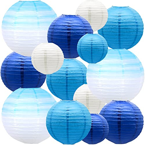 Meiduo 14 PCS Round Paper Lanterns 10 8 6 Inches, Gradient Blue and White Party Decorations, Hanging Lanterns for Wedding Reception Baby Boy Shower Ocean Theme Indoor Outdoor Supplies