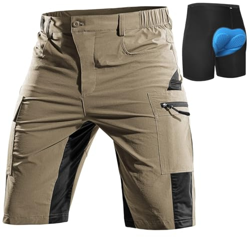 Cycorld Mountain-Bike-Shorts-Mens-Padded Biking Baggy Cycling Short Padding Liner with Zip Pockets (Khaki, Large)