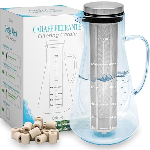 ORINKO® Caraffa Filtrante in Vetro 1,6L con Perle Ceramica EM x15 - Depuratore Acqua Domestico - Gusto Neutro, Riduzione Calcare, Zero Plastica, Salute Quotidiana e Risparmio Bottiglie