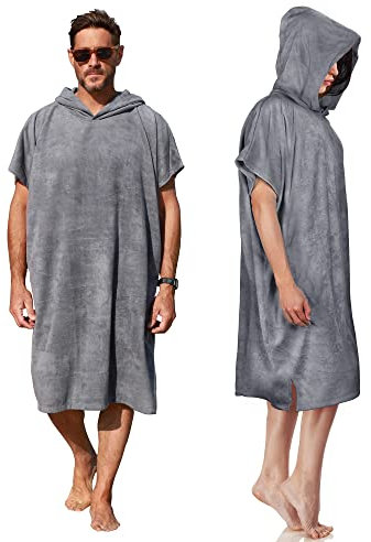 Kato Tirrinia Mikrofaser Frottee Surf Poncho Handtuch Badeponcho Bademäntel Sauna Damen Herren, Groß Surfponcho Strandponcho Erwachsene, Strandhandtuch Kapuzenhandtuch Sport Gym Beach Towel, Grau
