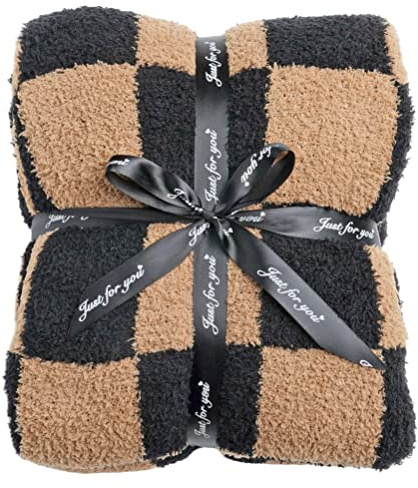 Ultra Soft Checkered Blanket Cozy Buffalo Check Throw Fluffy Knitted Reversible Throw Blanket Lightweight Fleece Checkerboard Grid Blanket for Sofa Couch Bed Travel, Black/Camel, 51''x63''