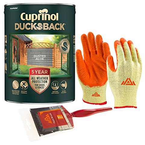 PERFECTONISH Ducksback 5-Litres Shed and Fence Paint Exterior Wood | Non-Drip, Frost Defence and Water Repellent Protection for 5 Years With Paint Brush And Protective Gloves (Dusted Aloe)