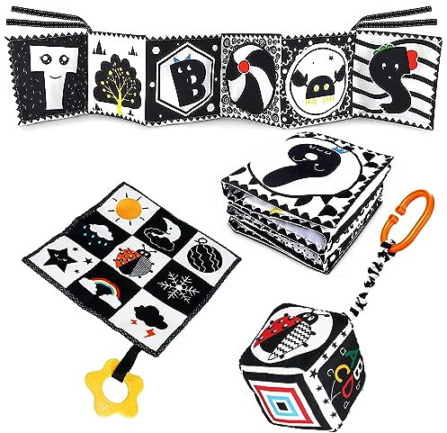3 Pezzi Neonato Giochi Sensoriali per Neonati, Giochi Neonato 0-24 Mesi, Libro di Stoffa per Neonati, Giocattolo Sensoriale per Bambini in Bianco e Nero ad Alto Contrasto, Montessori Bambino