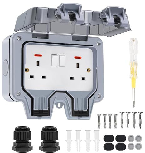 Chilymes Double Outdoor Socket Waterproof, Outside Plug Socket IP66 13Amp 2 Gang Switched Cover, Wall Electrical Outlet Socket Box…