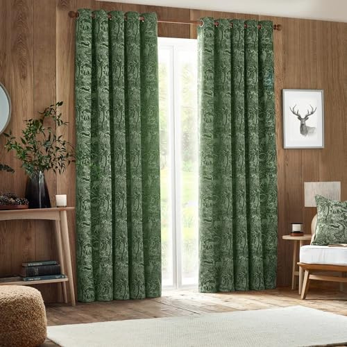 furn. Winter Woods Chenille Room Darkening Eyelet Curtains – Woodland Animals Pattern (Emerald - Width x Drop: 168 x 183cm / 66 x 72, 2 Panels)