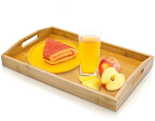 Bambus Serviertablett mit Griffen, 38 × 25cm Rechteckig Holztablett Leicht Küchentablett Frühstückstablett, Deko Tablett Holz Länglich für Frühstück, Tee, Couchtisch