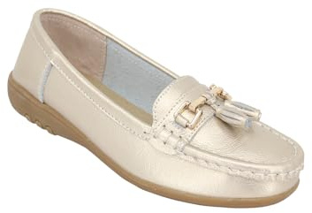 Amber Ladies Extra Wide EE Fit Leather Loafer, Cushioned Padded Insole & Breathable Leather Uppers Gold 8